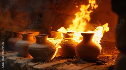 Traditional pottery being fired in a kiln with flames, capturing the art and craftsmanship of ceramic creation.