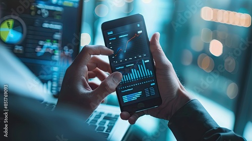 Businessman checking financial data on mobile smart phone, with graphs and charts on screen