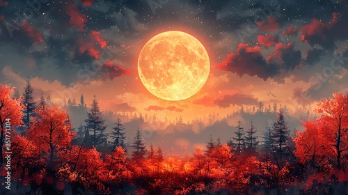 Harvest moon at the top, glowing and magical against a starry sky, watercolor style, blank middle for night event promotions