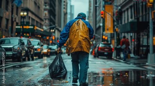 Urban janitor picking up litter along busy downtown streets
