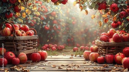 Baskets of apples along the edges, abundant and colorful with ripe fruit, still life style, open middle for orchard ads