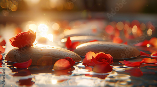 A spa promo image featuring a serene setting with rose petals, smooth stones, and a relaxing ambiance