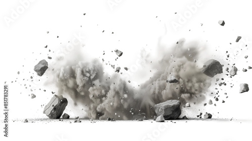 A large dust cloud bursts from the ground with large rocks flying through the air