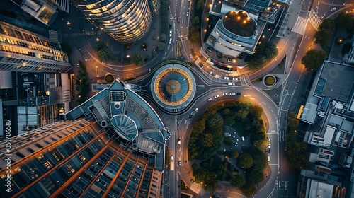 Aerial view of city roundabout with illuminated streets and buildings in the evening, capturing the urban architecture and bustling night traffic.