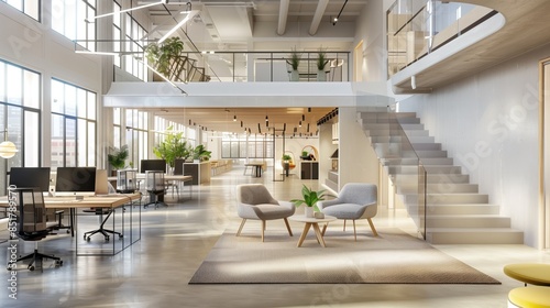 A modern office space with a mezzanine level, comfortable furniture, and plenty of natural light coming in