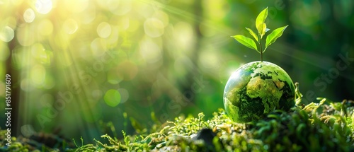 A glass earth globe sits on a bed of moss, with a new green sprout growing from the top, surrounded by a vibrant forest with sunlight filtering through the trees