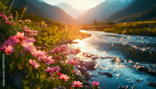 River and Flowers in Nature