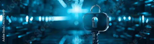 Close-up of a key in a futuristic, blue-lit environment, symbolizing cybersecurity, encryption, and digital access in a technology-focused setting.