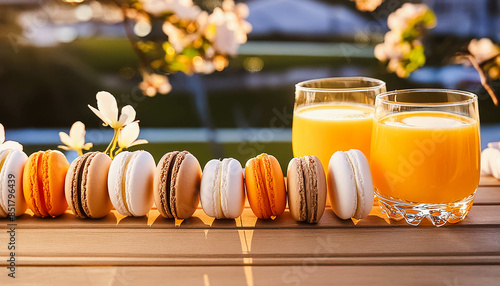 two glasses of fresh orange juice and orange, white, brown macaroons on brown wooden table on white flowers background, sunny day