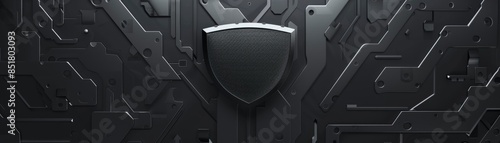 Futuristic black digital shield on a high-tech circuit board background, representing cybersecurity, protection, and advanced technology solutions.