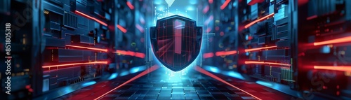 Futuristic cybersecurity concept showcasing a glowing shield amidst servers in a high-tech data center, emphasizing digital protection and data security.