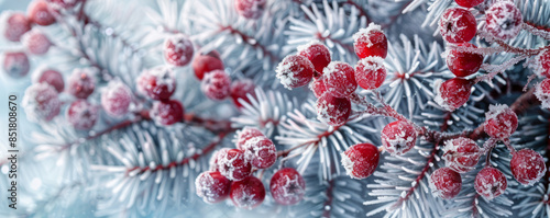 background of red berries and pine braches frozen in ice