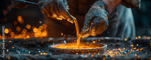 An artisan pouring molten metal into molds to create handcrafted jewelry, each piece a unique expression of creativity.