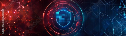 Futuristic digital security concept with a glowing shield icon in the center, representing cyber protection and technology.