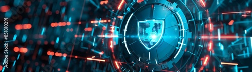 Futuristic digital security concept with glowing shield and cyber elements, representing data protection and cybersecurity in a high-tech world.