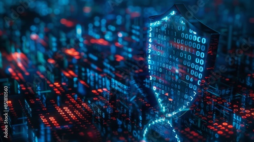 Futuristic digital security shield in a complex matrix of binary code representing cybersecurity and data protection in the virtual world.