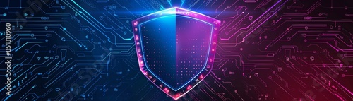 Futuristic digital shield representing cybersecurity and data protection with vibrant blue and pink lighting. High-tech security concept.