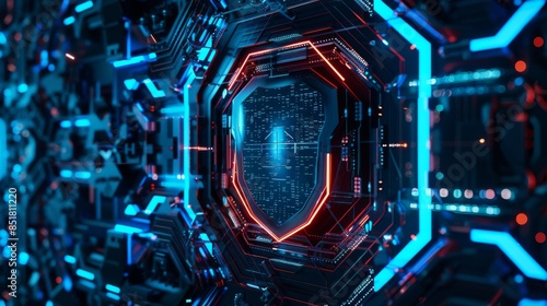Futuristic digital shield with advanced technology circuit representing cybersecurity and data protection in a blue and red theme.