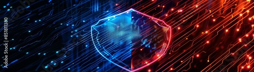 Futuristic digital shield with blue and red lights, representing cybersecurity and data protection in a glowing neon tech background.