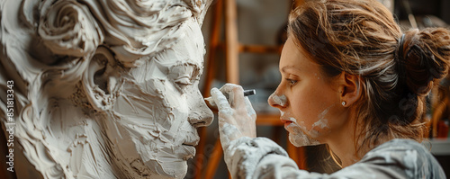 An artist sculpting a lifelike figure from clay, shaping and molding with meticulous attention to detail.