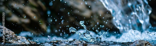 A close up of water drops splashing on a rock in a creek. The water is clear and blue