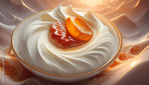 Beautiful Nature, Aerial View of Tasty yoghurt with jam as background, top view on Generative AI.