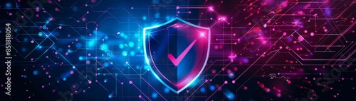 Illuminated shield with a checkmark symbolizing cybersecurity, digital protection, and secure technology against a blue and pink abstract background.