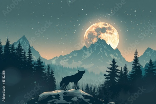 A wolf howls at the full moon in a mountain winter forest.