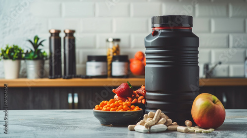 Fitness and Nutrition Concept: Protein Pre Workout Supplements, BCAA Complex, and Guide in Kitchen Setting Stock Photo.