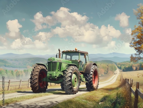 Retro Oliver tractor ad on a rural road