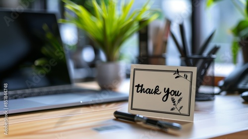 A simple "thank you" note on a desk with a laptop, pen, and plant in the background.