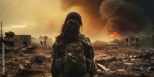 Female war journalist documenting conflict in a powerful collection of war journalism. Concept War Journalism, Conflict Coverage, Female Journalist, Powerful Documentation, News Reporting