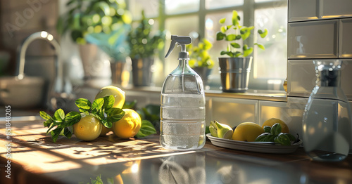 A clean and well-organized kitchen countertop with a glass bottle of white vinegar, a spray bottle. Generative AI.