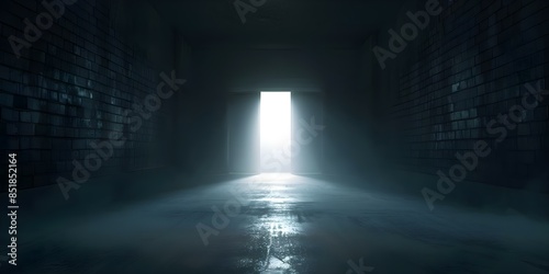 Illuminated open door in dark smoky basement setting. Concept Basement Escape, Spooky Atmosphere, Mysterious Entrance, Eerie Glow