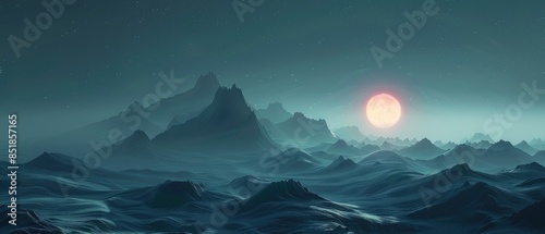 A misty mountain range with a glowing orb in the sky.