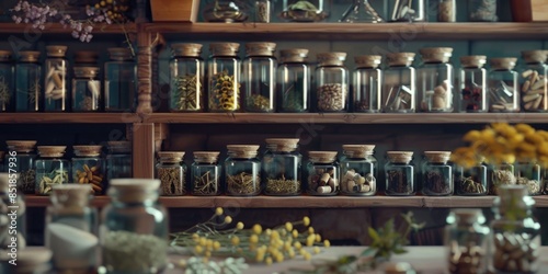A shelf filled with many jars containing various plants and foliage