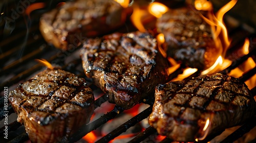 Juicy steaks grilling over open flame, grill marks, seasonings, close-up on sizzling meat, art of barbecue