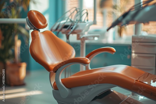 A standard dentist chair with an orange and white design in a typical room setting