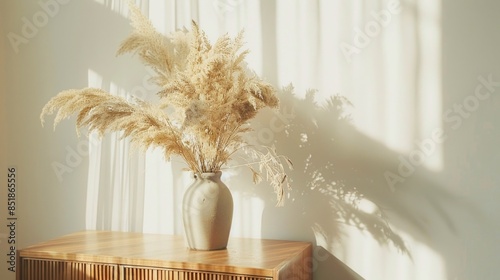A simple still life composition featuring dried plants arranged on a wooden table