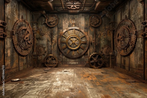 A room filled with intricate clockwork mechanisms, including a large clock