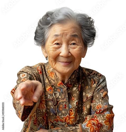 Old korean woman smiling and gesturing on isolated transparent background