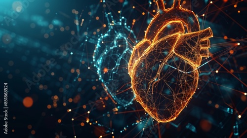 Glowing hologram of human heart organ 3D structure with dark background.