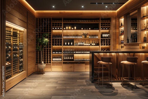 Wine cellar with wooden shelves filled with bottles for storage and display