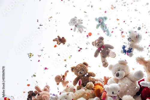 Whimsical Wonderland: Playful Soft Toys and Plush Animals Cascading in Air on White Background - Studio Toy Photography Closeup