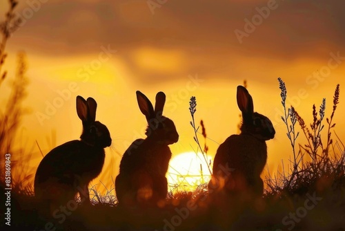 Three rabbits relaxing in a sunny meadow at sunset
