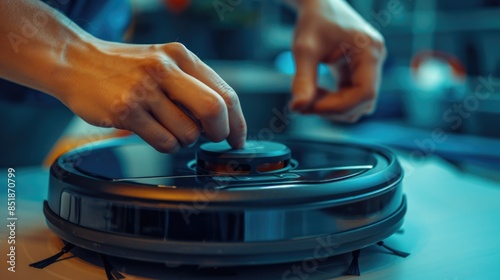 A person presses a button on a turntable, possibly in a vinyl record store or at home