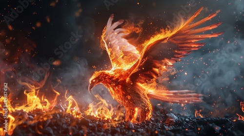 Fiery phoenix emerging from a pile of smoldering ashes in a dark landscape side view, dramatic lighting, symbolizing renewal and power