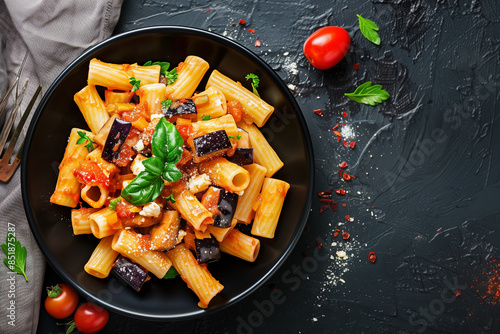 traditional Italian dish pasta alla norma with eggplant, top view