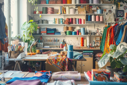 Creative Fashion Designer's Studio with Vibrant Atmosphere, Fabrics, and Sewing Tools in Bright Light