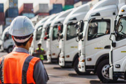 Logistics worker supervising a fleet of white delivery trucks at a shipping terminal. Transportation and distribution industry concept.